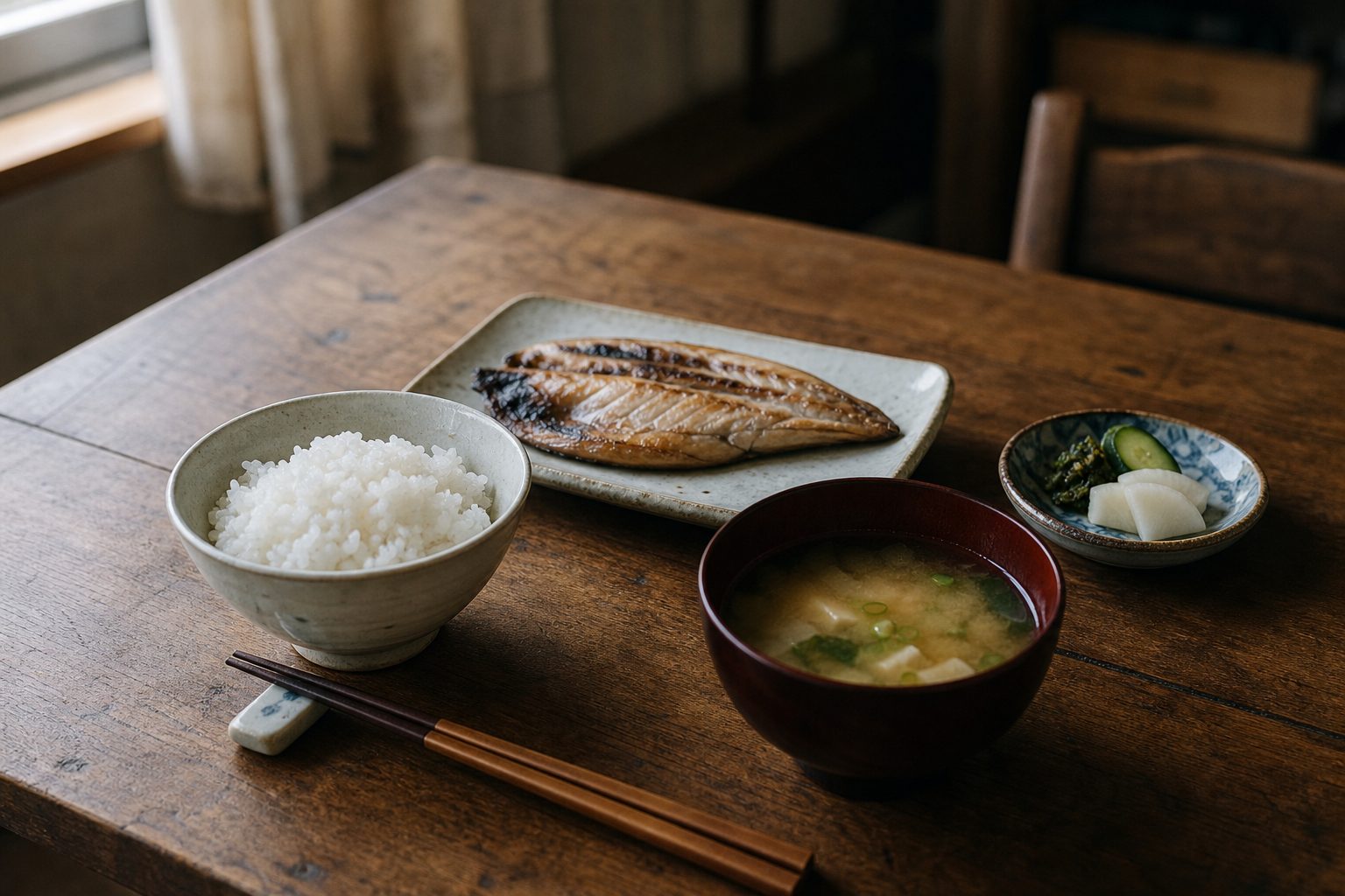 一人分の和朝食と炊きたてのごはん