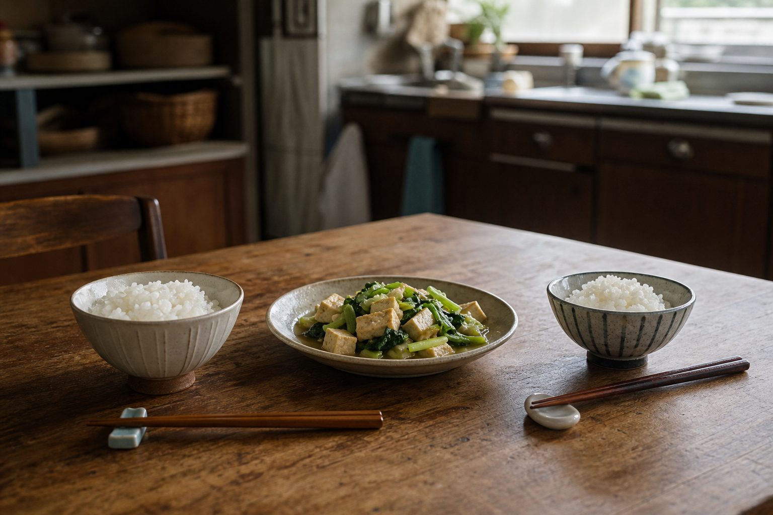 二人の食卓に並ぶ炊きたてのごはんと家庭料理