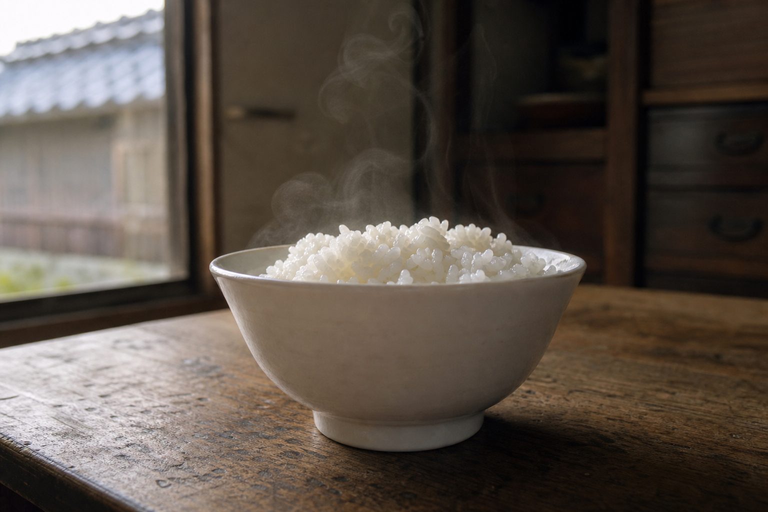 湯気が立つ炊きたてのコシヒカリをよそった茶碗